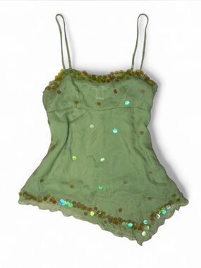 100% Silk Green Sequin Trim Spaghetti Strap Cami Top